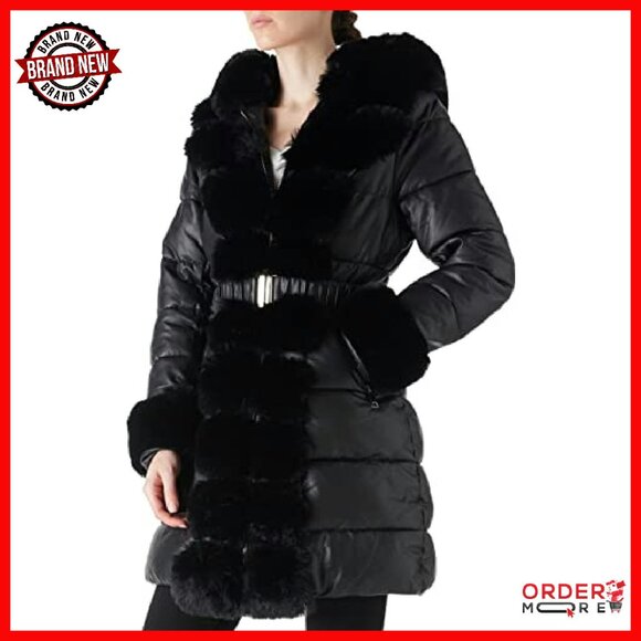Women's Winter Puffer Coat with Faux Fur Hood and Belt - Picture 3 of 8